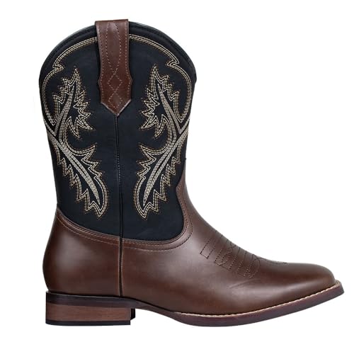 J's.o.l.e Western Mens Cowboy Boots Square Toe Wide Mid Calf Embroidered Pull On Retro Boot Brown3