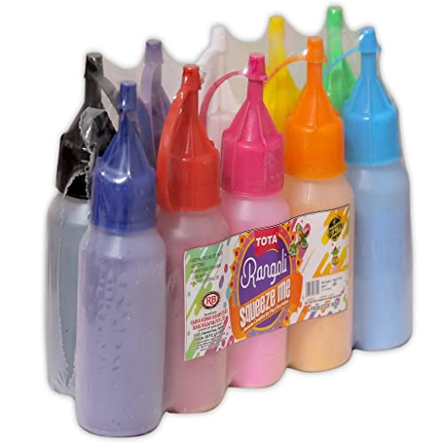 Image of TOTA Rangoli Colour Powder Bottles Kolam Rangoli Powder for Floor Rangoli, Art,Home Decor, Pooja Set of 10 Rangoli Colors in Plastic Squeeze Bottles - 800 Gm, Multicolours