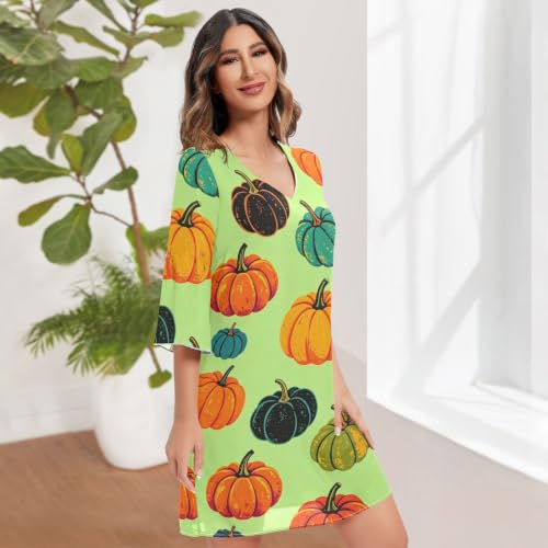 Robe courte en mousseline de soie femme col V robe d'été décontractée citrouille vintage