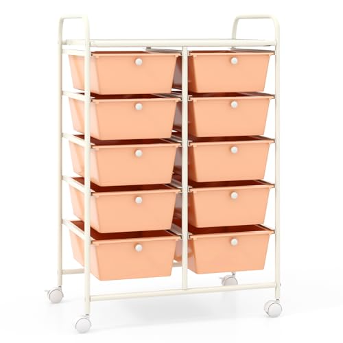 Image of LDAILY 10 Drawer Rolling Cart, Storage Cart Organizer on Wheels, Drawer Cart with Metal Frame & Large Storage Capacity, Rolling Cart with Drawers for Living Room Classroom, Office