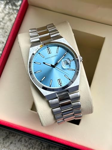 Image of AMERICANVIBER Men's Silver Stainless Steel Watch, Vibrant Green Sunburst Dial, Quartz Analog Movement, Date Display, Faceted Bezel for Men