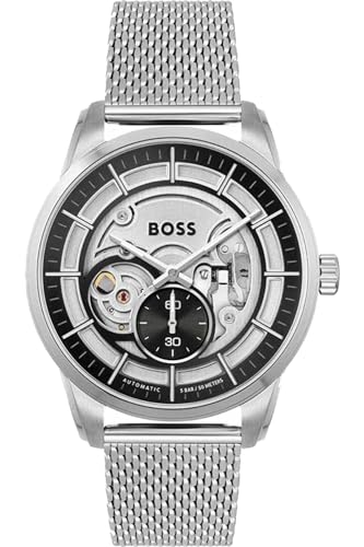 Image of BOSS Sophio Mech-Automatic Black Round Dial Men's Analog Watch|Stainless Steel Material|Silver Color Band - 1513945