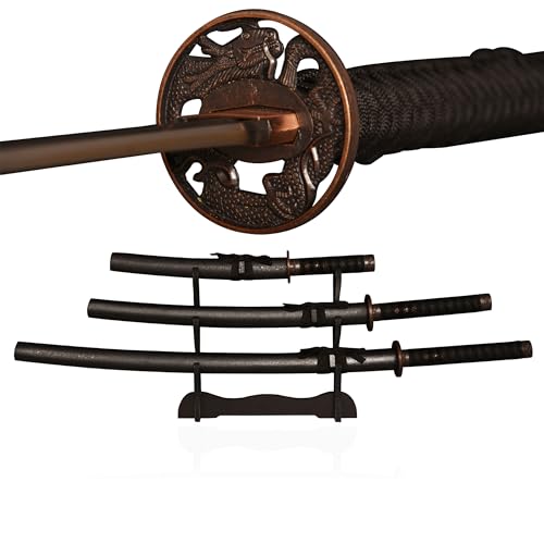 SV Pack of 3- Japanese Katana Hand cast Sharp 1065 Carbon Steel Katana Sword Real Black, Dragon Totem Hand Guard, Display Sword Stand