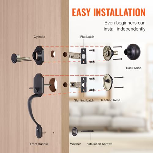 VEVOR Front Door Handle and Deadbolt Set, Front Door Lock Set with Interior Knob, Adjustable Hole Spacing Single Cylinder Handleset, for Right and Left Handed Entrance, Brushed Oil Rubbed Bronze by VEVOR - Image 5