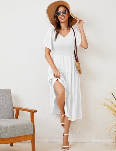 MIDNIGHTSUN Women's Smocked Midi Dress V Neck Flutter Short Sleeve Summer Tiered Dress2