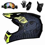 Motocross Helmet 9-14 Years Old, Youth Kid Full-Face Off Road Sports Motorbike Helmet, Unisex Downhill MTB ATV BMX Quad Dirt Bike, with Goggles Mask Gloves(Black,L(56-57cm))