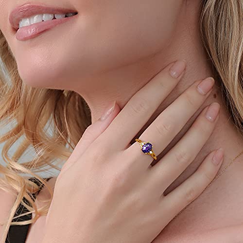 Gem Stone King 18K Yellow Gold Plated Silver Gemstone Birthstone 3-Stone Ring for Women | Oval 8X6MM with 2MM Round Accents | Three Stone Wedding Anniversary Engagement Promise Ring | Sizes 5-94