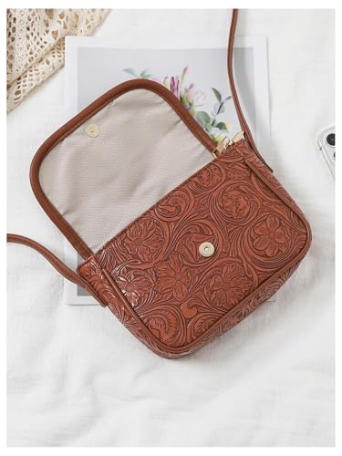 Women's Floral Embossed Flap Crossbody Bags Vintage PU Leather Shoulder Handbags Retro Purses3