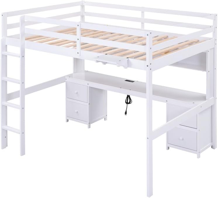Full Size Loft Bed, Storage Loft Bed with Under-Bed Desk and Cabinets, Space Saving Wooden Full Bed Frame with Charging Station, 4 Drawers and Bedside Tray for Bedroom, White