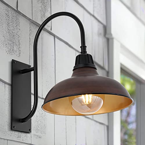 Image of JONATHAN Y 12.25 inch Wood Finish /Copper Farmhouse Gooseneck Outdoor Wall Sconce Lamp, with Black 1-Light Metal Bowl Shade, Industrial Iron LED Porch Light for Patio Garage Entryway (JYL7614G)
