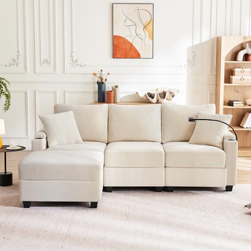Arhatreya 3 Sitzer L-förmiges Sofa Gästesofa Modern Couch mit 2 Kissen, 3er Sitzsofa mit Getränkehalter Fußhocker und Getränkehalter, Ecksofa für Wohnzimmer, Schlafzimmer, Buros, Cordstoff, Beige – Bild 4