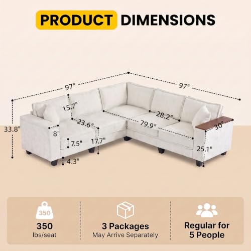 Image of 97 inch 5 Seat V-Shaped Sectional Couch, Modern Comfy Chenille Corner Sofa, Modular Convertible L-Shaped Couch, Convertible Sofa with Storage Armrests & 2 Pillows, Sectional Couches for Living Room, Beige