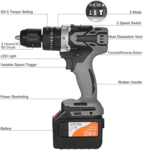 XXZZL Akku-Bohrschrauber Akku-Schlagbohrschrauber Bohrschrauber 21V 2x2.0 Ah Maximaler Drehmoment 200 Nm 21+3… – Bild 5