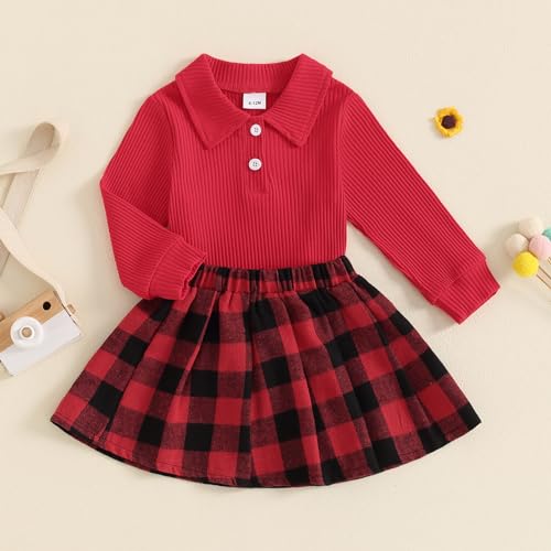 Image of BeQeuewll Fall Winter Toddler Baby Girl Clothes 2Pcs Long Sleeve Ribbed Knit Shirt Plaid Skirt 1T 2T 3T 4T 5T Girls Dress
