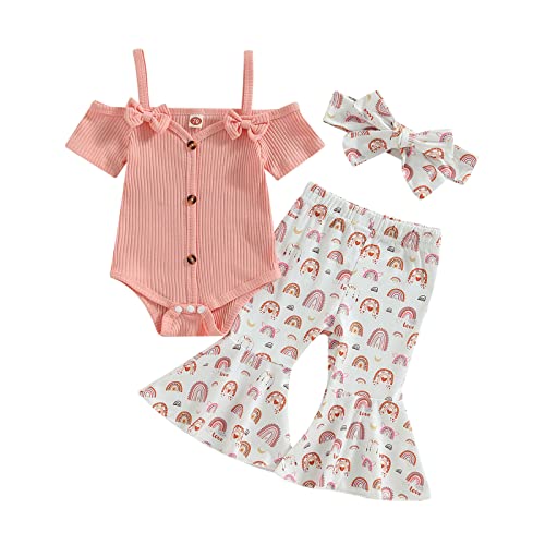 Image of Engofs Boho Baby Girl Clothes 0 3 6 9 12 18 24 Months Romper Rainbow Bell Bottoms Headband Summer Outfit Pink 6-12 Months