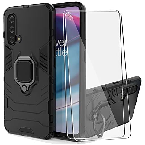 BestShare For OnePlus Nord CE 5G Case with Tempered Glass Screen Protector (2 Packs), Heavy Duty Armor Defender Anti-Scratch Kickstand Shockproof Cover & Ring Holder Grip, Black Cover