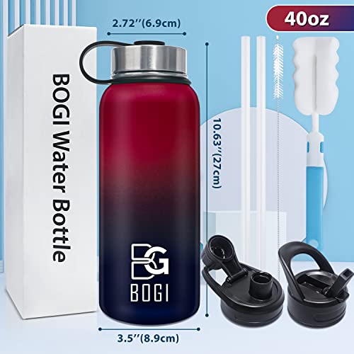 BOGI 40oz Insulated Water Bottle, 2 Pack Double Wall Vacuum Stainless Steel Water Bottle with Straw and 3 Lids, Sweat-Proof Wide Mouth Metal Water Bottle Keeps Hot or Cold for Sports Gym Office