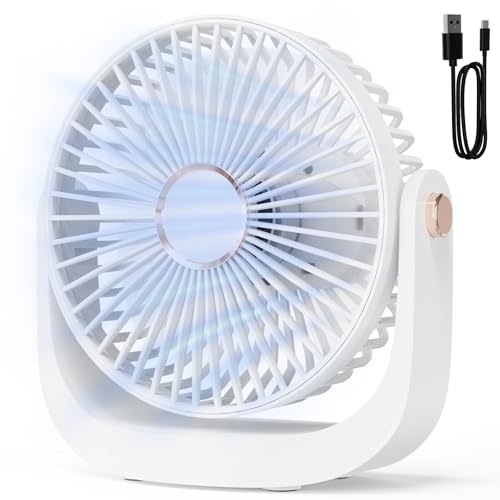 AICPAN Ventilator Leise, Tischventilator mit Nachtlicht，3000mAh USB Wiederaufladbarer Kleiner Ventilator, 5 Geschwindigkeiten, 360° verstellbare Neigung für Büro Schlafzimmer Zuhause, Weiß