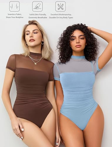 Image of Avidlove Women's Short Sleeve Bodysuit Turtle Neck Body Suits Mesh One Piece Leotard Going Out Tops Date Outfits