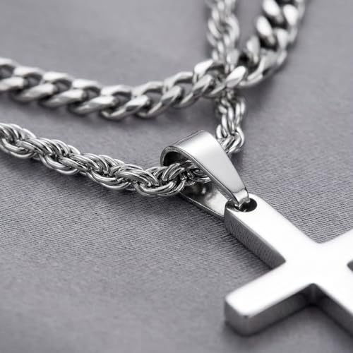 Men's Cross Necklace for Men - Silver Stainless Steel Layered Chain Set with Cross Pendant, Rope and Curb Chain Jewelry Accessories for Husband, Son, Boyfriend - Image 5