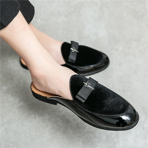 Men's Bowtie Patent Leather Slip-On Mules Slippers,Flats Stylish Formal Backless Loafers Work Slides Casual Half Loafers Sandals 5