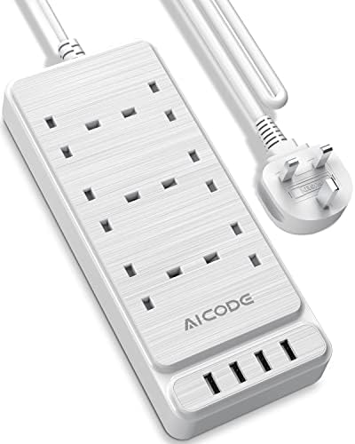 6 Way Extension Lead with 4 USB Slots,Power Strips 6 Gang Outlets Surge Protection Multi Plug Extension Socket Charging Station with 6.5ft Extension cord,Switched Wall Mountable for Home Office White