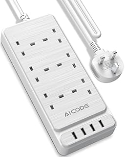 6 Way Extension Lead with 4 USB Slots,Power Strips 6 Gang Outlets Surge Protection Multi Plug Extension Socket Charging Station with 6.5ft Extension cord,Switched Wall Mountable for Home Office White