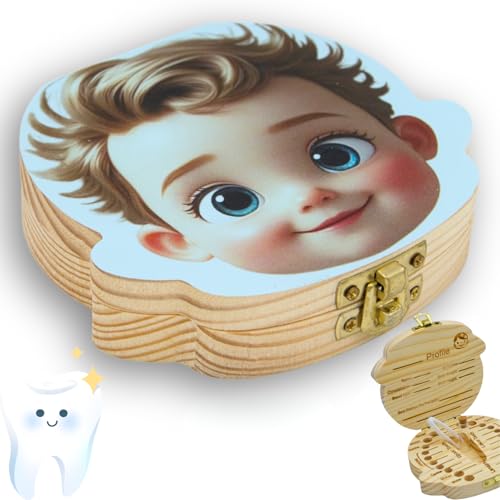 V Viatanst Baby Tooth Fairy Box Keepsake-Box - Boy Personalized Wooden First Teeth Holder Kids Lost Tooth Storage and Saver with Lanugo Bottle Baby Shower & Birthday Gift
