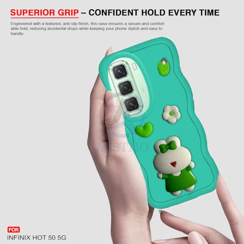 Image of AESTMO Back Case Cover for Infinix Hot 50 5G | 3D Cute Fun Cartoon Characters | Anti Slip Grip Cute Wave Curly Frame Shape | Full Body Protection Back Cover for Infinix Hot 50 5G (MintGreen)