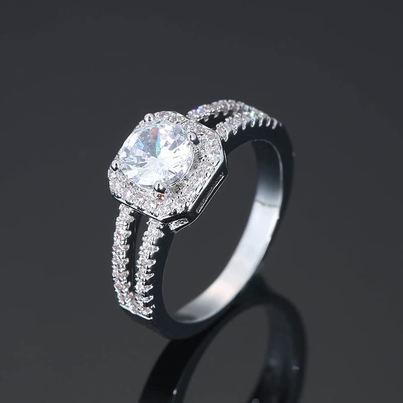 Silver Plated Sparkling 6x6mm Round Cut Created White Topaz CZ Cubic Zirconia Filled Halo Wedding Engagement Band Women's Ring for Mom Bridal Lover 10#2