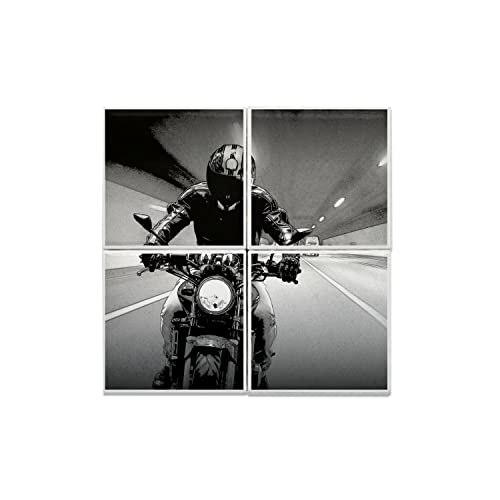 Tunnel vitesse et motard en noir et blanc sur lot de 4 carreaux céramique cadeau