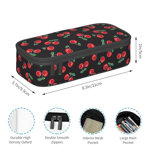 Image of Red Cherry Black Pencil Case Big Capacity Storage Pencil Pouch Stationery Bags With Zipper Portable Pen Holder Box Organizer For Boys Student College School Office Supplies