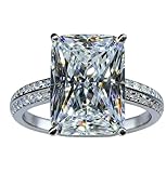 White Gold Plated Silver Engagement Wedding Ring with Large Carat Emerald Cut Cubic Zirconia CZ Oversized 6 Carat 3A Zircon Engagement Cushion Cut Halo Engagement Ring Size 7