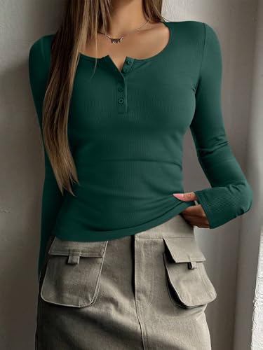 REORIA Women's 2025 Fall Long Sleeve Henley T Shirts Button Ribbed Knit Slim Fit Casual Basic Tops Blouse Forest Green Small — view 3