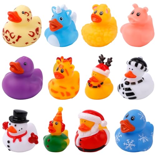 12pz Anatre di Gomma Natalizie, Carine Assortite Anatre per le Feste Anatra da Bagno Giocattoli da Bagno per Bambini Bomboniere per Feste di Natale Regali per Calze Della Befana (Stile 3)