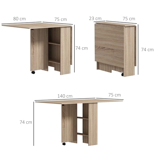 HOMCOM Mesa Plegable de Comedor Mesa de Cocina Plegable con Ruedas Alas Abatibles y Estantes para 4-6 Personas 75x140x74 cm Natural - imagen 3