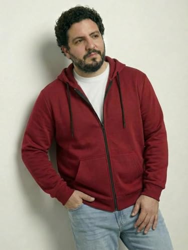 Image of UNSTD Men Solid Maroon Zip-Up Hoodie | Full Sleeve Hooded Sweatshirt with Kangaroo Pockets | Casual Winter Wear for Men