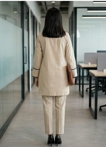 Image of Women's Pure Cotton Kurta Set, Beige, Formal Ethnic Office Wear, Lightweight Breathable Coord Set with Pant