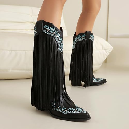 Embroidered Fringe Cowboy Boots for Women, Snip Toe Cowgirl Mid Calf Boots With Rivets Pull On Chunky Heel Embroidered Western Country Boot.3