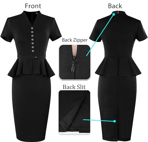 VFSHOW Womens V Neck Belted Peplum Button Office Business Work Vintage Cocktail Church Slim Fit Pencil Sheath Dress4