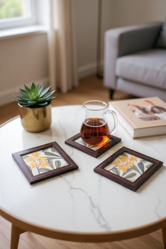 Image of Coaster | Wooden Square Shaped Frame | Stylish Ethnic Tabletop Design | Ideal for Home & Office | Perfect for Tea Cups, Coffee Mugs & Glasses (Frangipani, Set of 4)