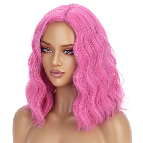 Image of BERON Pink Wig for Women Girls Short Curly Bob Wavy Wig Body Wave 14'' Heat Resistant Synthetic Halloween Cosplay Daily Party Wigs