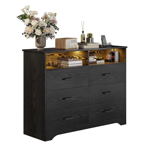 IRONCK Black Chest of Drawers Bedroom with LED Light and 1 USB+1Type-C & 2 AC Outlets, Storage Cabinet with 6 Drawers and 2 open cubicle, Wooden Chest for Bedroom, Living Room, 40x120x94.7cm