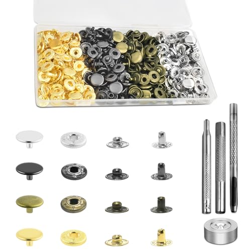 100 Sets Leather Snap Fasteners Kit 10mm Snaps Button Metal Snap Buttons Press Studs with 4 Install Tools 4 Colors for Leather Bag Clothes Jackets Jeans Wears Bracelets Fashion DIY Sewing