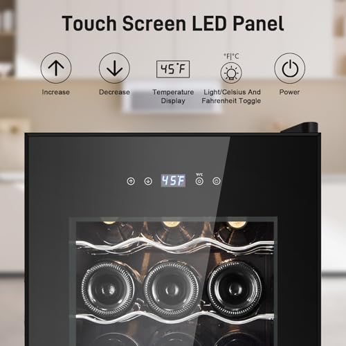 Image of Tylza 18 Bottles Wine Fridge, Wine Cellar with Powerful Compressor, LED Touchscreen, Low-E Tempered Glass Door, Lock, Wine Cooler Refrigerator for Red, White, Champagne or Sparkling Wine, Black