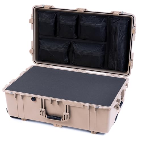 Pelican 1650 Case by ColorCase - Desert Tan - Large Sized Waterproof Case with Pick & Pluck Foam & Mesh Lid Organizer - Desert Tan Handles & Latches