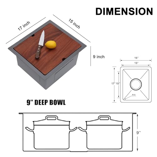Image of 15x17 Black Bar Sink Undermount, Gunmetal Black Workstation Stainless Steel 16 Gauge Small Kitchen RV Prep Wet Bar Sink 9 inch Deep Single Bowl with Cutting Board