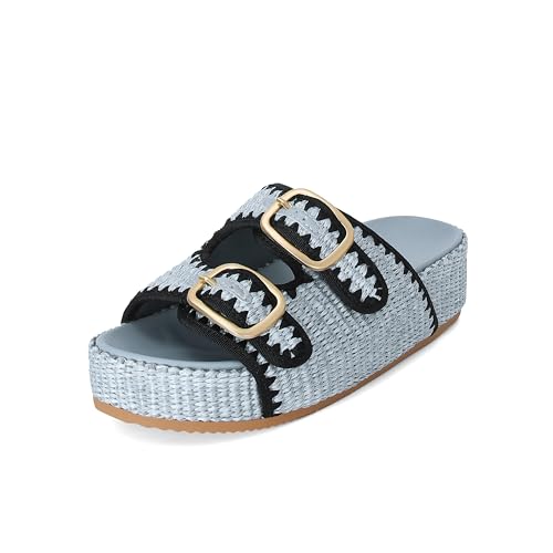 Image of Raffia Sandals for Women Platform Slide Sandals Espadrille Adjustable Double Buckle Summer Comfortable Cute Woven Casual Beach Shoes