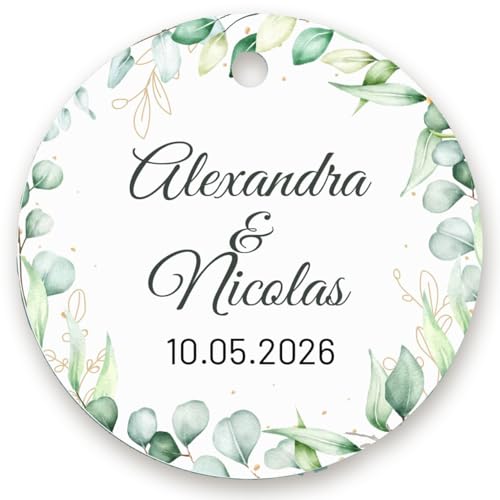 Lot d'étiquettes personnalisées rondes eucalyptus, mariage, baptême, communion, prénoms mariés, date, choix typo, étiquettes perforées à attacher,...