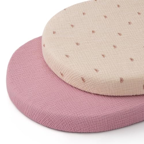 Image of Blissful Diary Muslin Bassinet Sheets for Baby Girls Boys, Boho Soft Cotton Fitted for Oval Hourglass Rectangle Mattress, 2 Pack(Sunshine&Blush Pink)